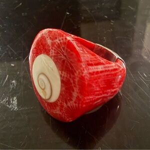 Vintage SAJEN  Red Fosil Coral Shell Spiral Ring Sz 8  Sterling Silver